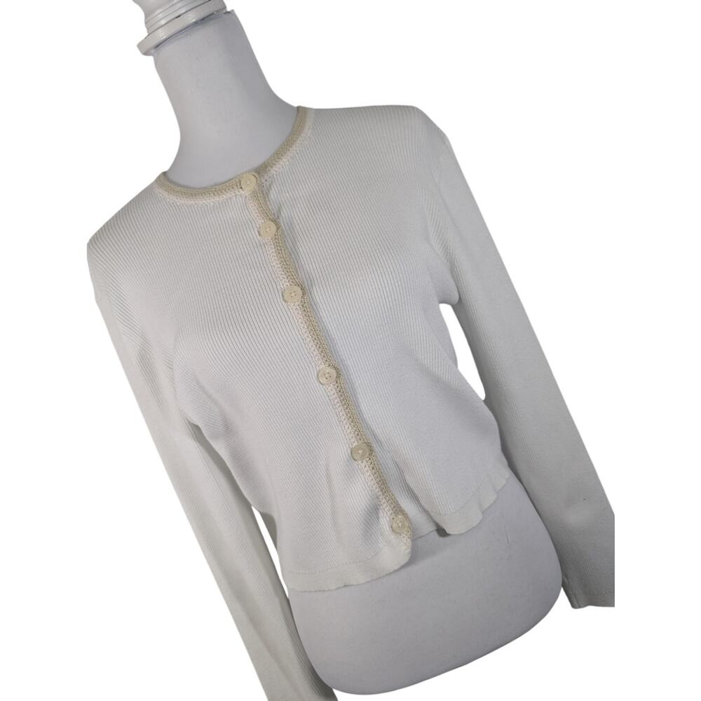 LOFT! LIGHTEST CREAM KNIT, TRI COLOR TAN CROCHETED EDGING CARDI SWEATER! SZ XL